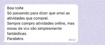 Feedback de cliente no WhatsApp recomendando as atividades da Caixinha Lúdica